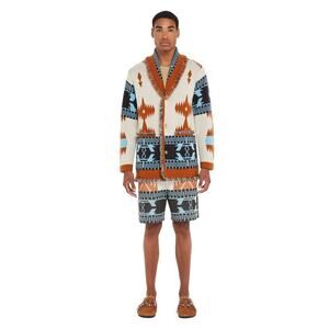 ALANUI Mens Icon Jacquard Cardigan Cashmere Sweater in Chalk Pecan L